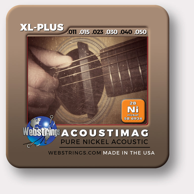 Pure Nickel Acoustic Guitar Strings, for the acoustic guitar that uses a magnetic pickup. Exceptional Tone and Quality along with long life and the lowest price. Pure nickel guitar strings feel and sound incredible. Webstrings Acoustimag guitar strings are an exceptional value. Made in USA