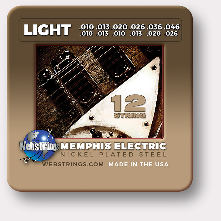 WEBSTRINGS MEMPHIS ELECTRIC Guitar Strings, Nickel Plated Steel, 12 String Set. The Rickenbacker set, this 12 string electric set is gauged exactly the same way as the original strings from Rickenbacker, Exceptional Tone and Quality along with long life and the lowest price. 