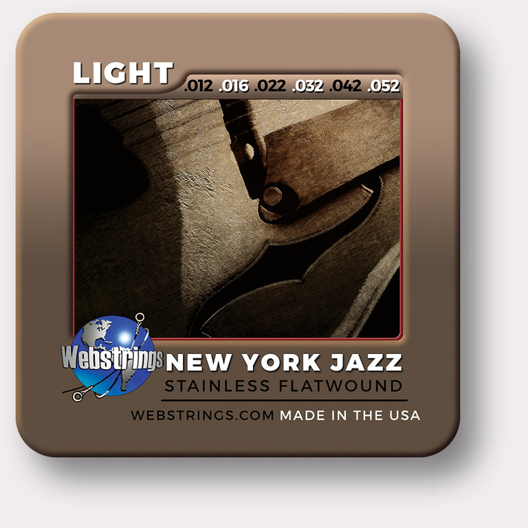 Webstrings New York Jazz Stainless Steel Flat Wound Electric Guitar Strings. Exceptional Tone and Quality along with long life and the lowest price. Webstrings New York Jazz Flat Wound Guitar Strings feel and sound incredible. Webstrings New York Jazz Flat Wound guitar strings are an exceptional value. Made in the USA